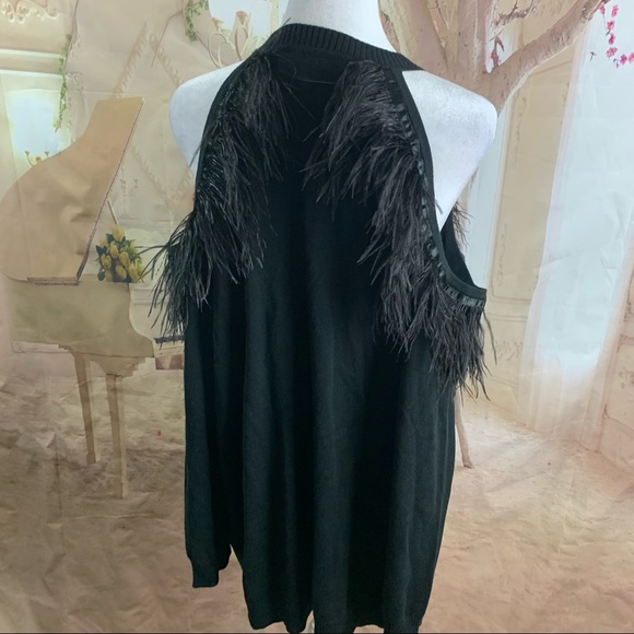 NEW Eloquii Cold Shoulder Sweater with Feather Trim Sweater - Picture 8 of 11